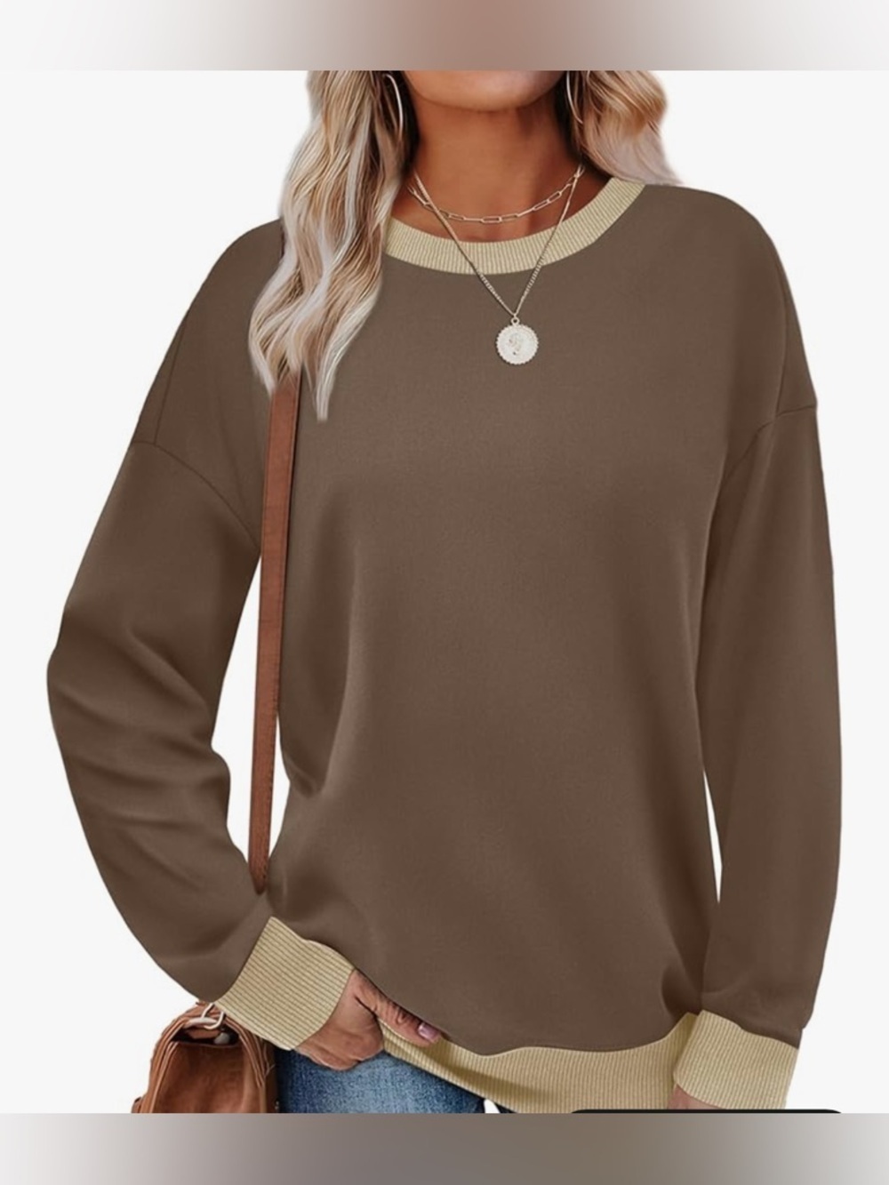NWT-2XL 2 Tone Tan Casual Brown Knit Pullover with Cream Trim